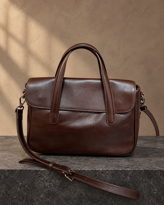 Veroak 1037 Brown top-grain cowhide leather bag — AI studio presentation