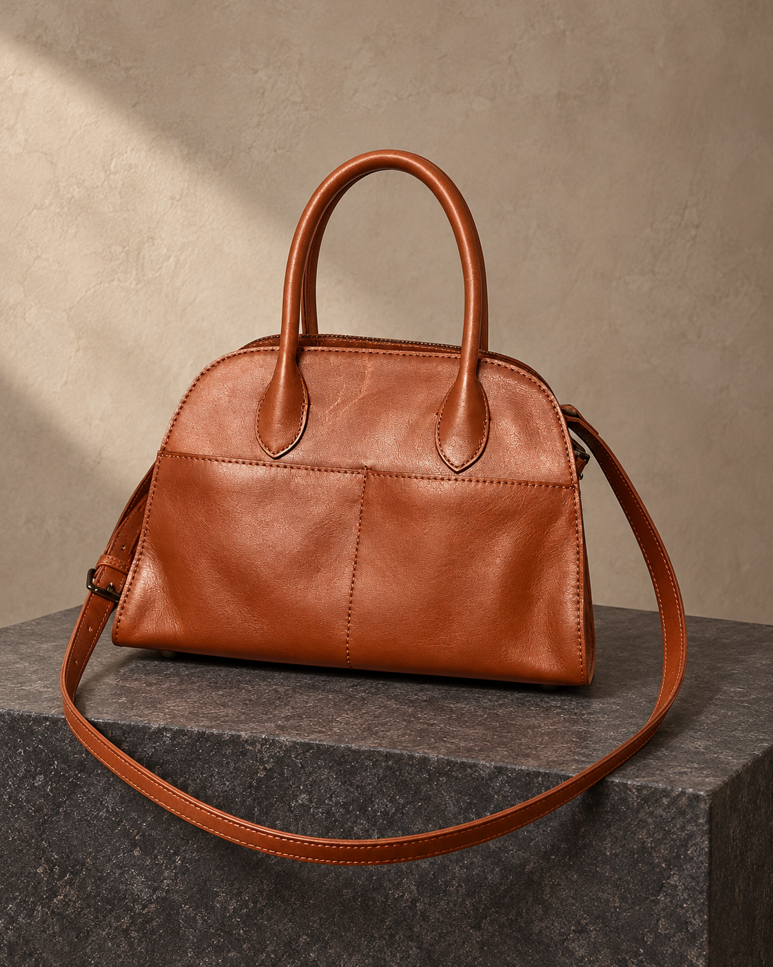 Veroak 1060 Tan top-grain cowhide leather bag — AI studio presentation