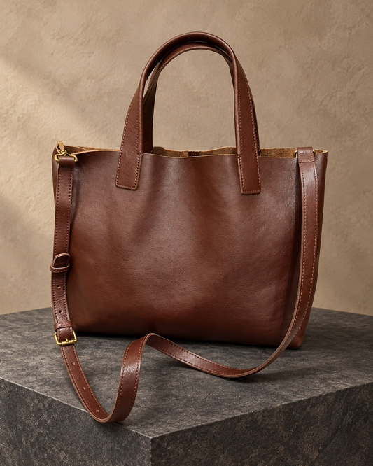 Veroak 1066 Brown top-grain cowhide leather bag — AI studio presentation