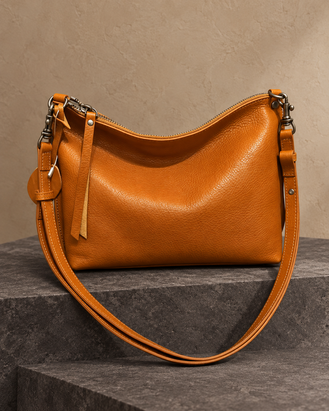 Veroak 2205 Tan top-grain cowhide leather bag — AI studio presentation