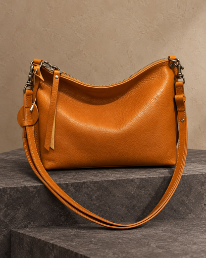 Veroak 2205 Tan top-grain cowhide leather bag — AI studio presentation