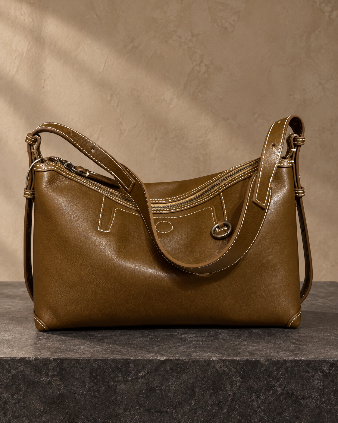 Veroak 2208 Olive top-grain cowhide leather bag — AI studio presentation