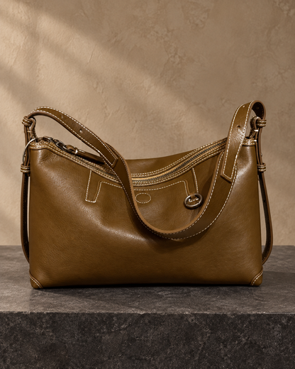 Veroak 2208 Olive top-grain cowhide leather bag — AI studio presentation