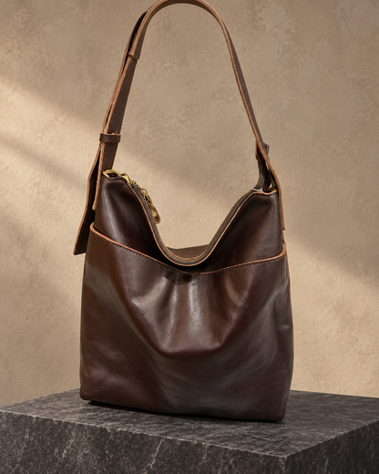 Veroak 3020 Brown top-grain cowhide leather bag — AI studio presentation