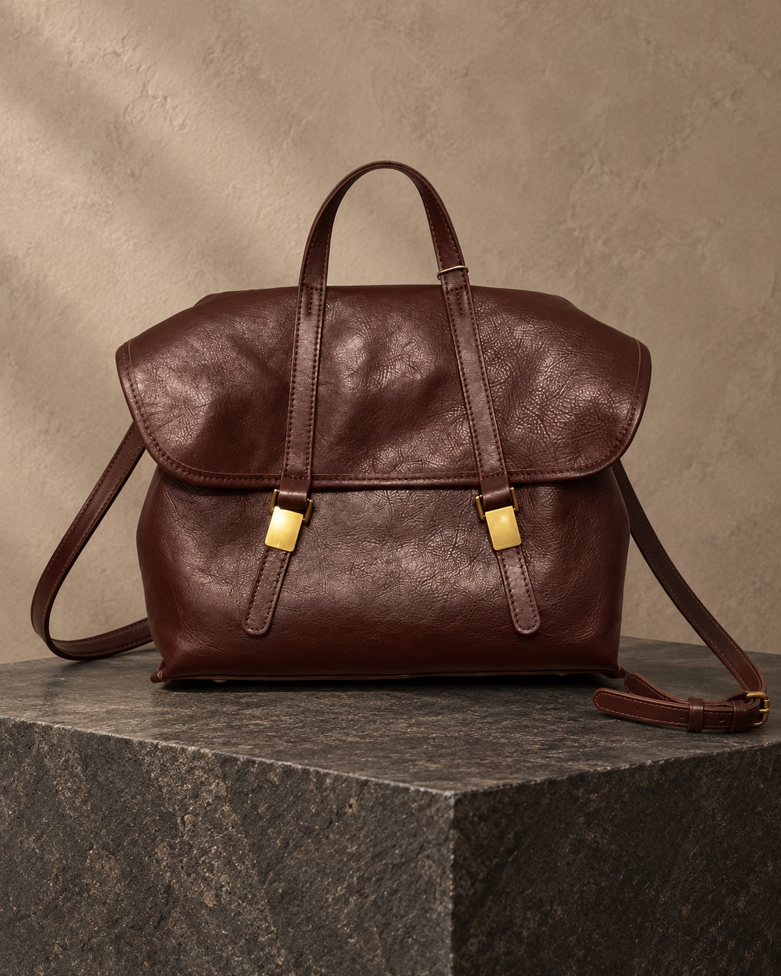Veroak 3056 Brown top-grain cowhide leather bag — AI studio presentation