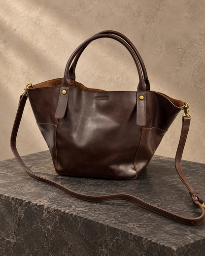 Veroak 3060 Brown top-grain cowhide leather bag — AI studio presentation