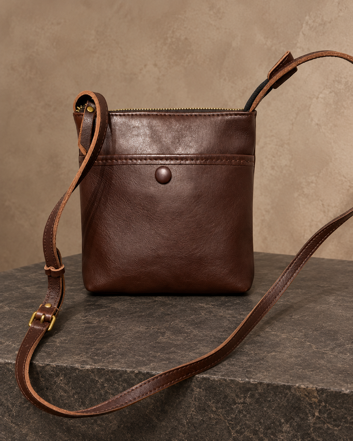 Veroak 3086 Brown top-grain cowhide leather bag — AI studio presentation