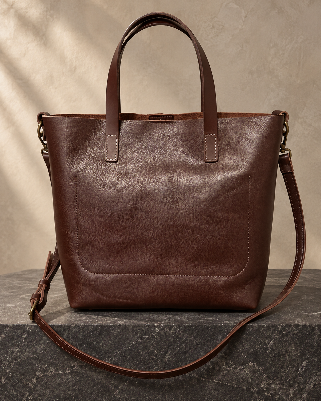 Veroak 3090 Brown top-grain cowhide leather bag — AI studio presentation