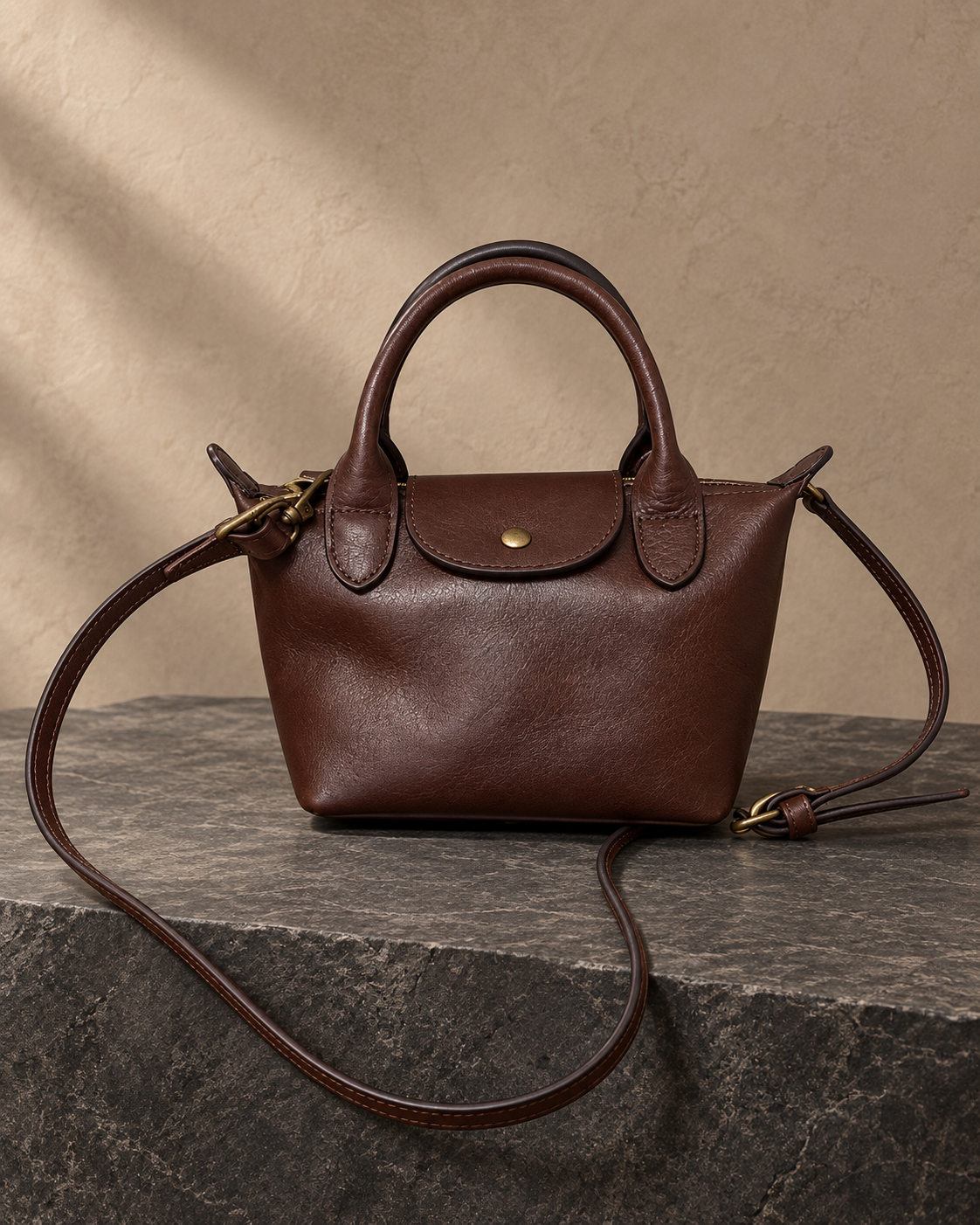 Veroak 3098 Brown top-grain cowhide leather bag — AI studio presentation