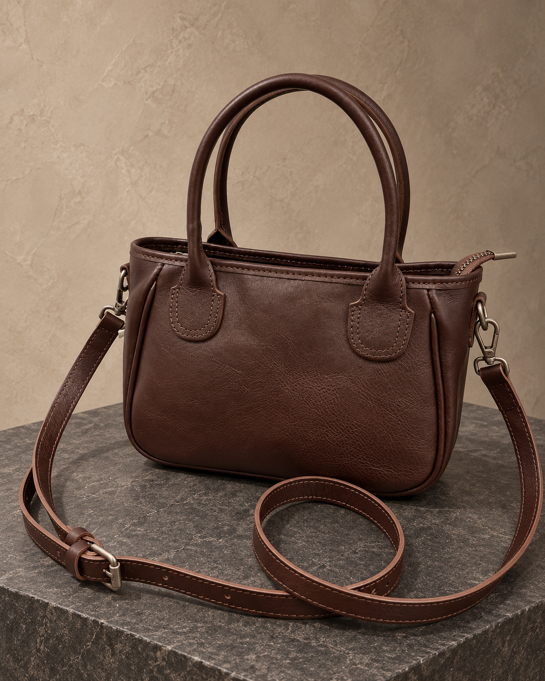 Veroak 6208 Brown top-grain cowhide leather bag — AI studio presentation