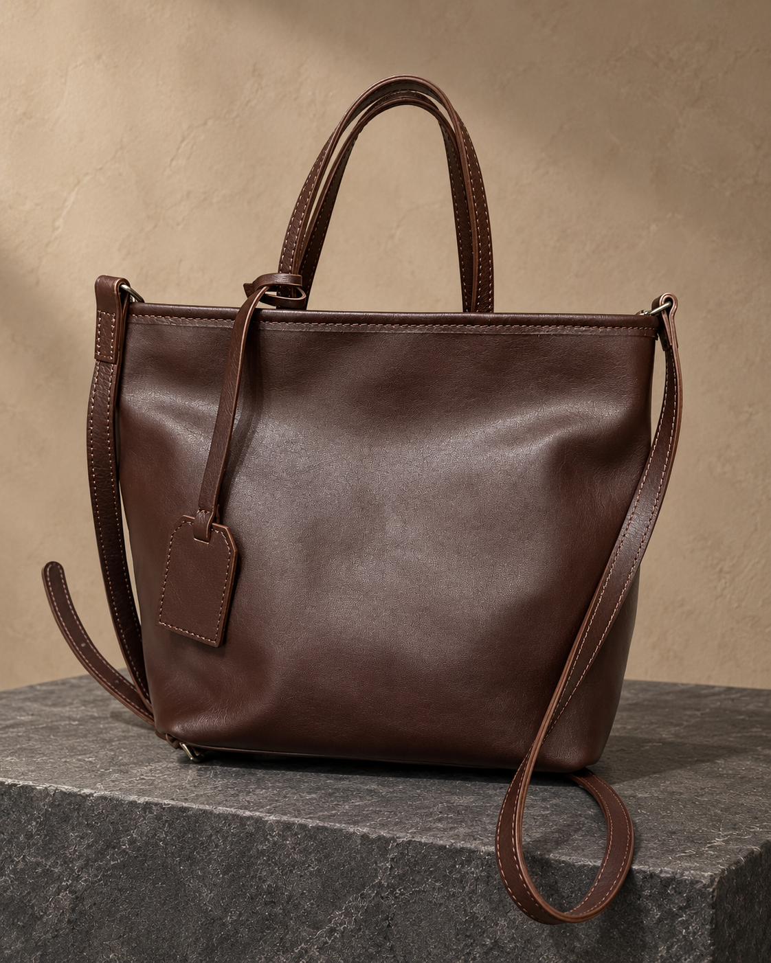 Veroak 6213 Brown top-grain cowhide leather bag — AI studio presentation