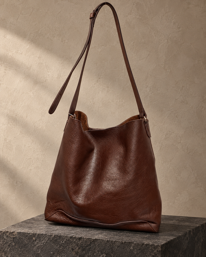Veroak 801 Brown top-grain cowhide leather bag — AI studio presentation