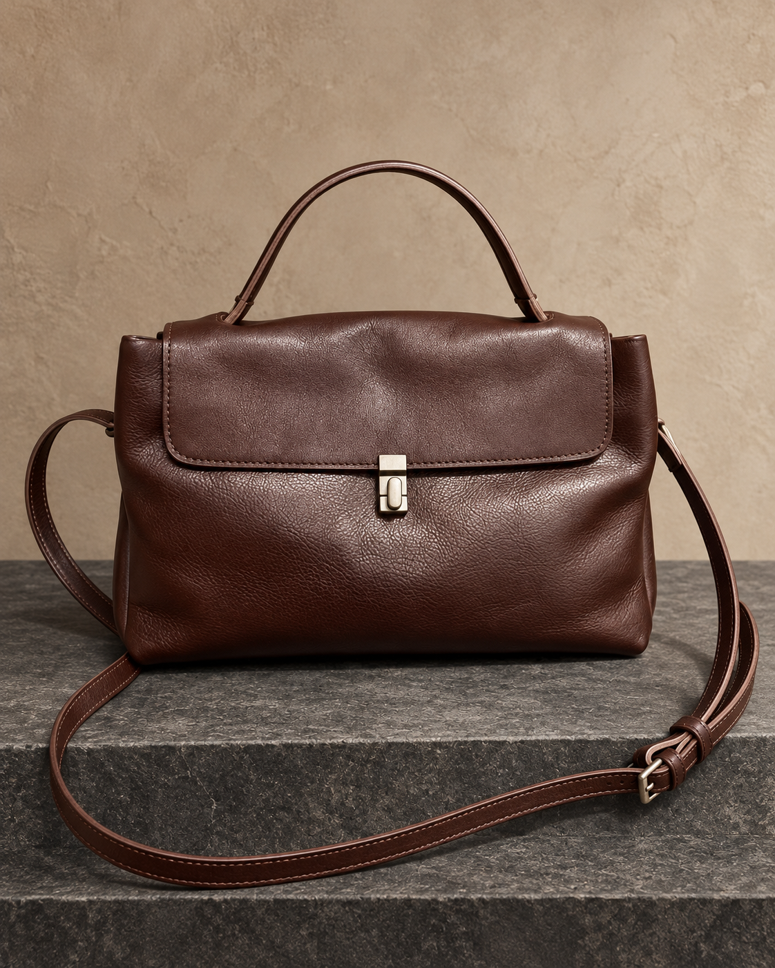 Veroak 8123 Brown top-grain cowhide leather bag — AI studio presentation