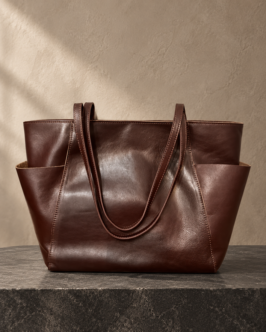 Veroak 9020 Brown top-grain cowhide leather bag — AI studio presentation