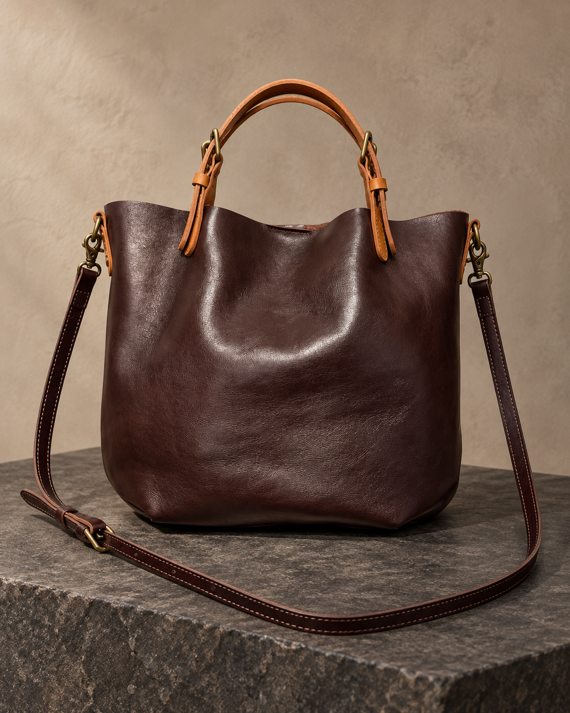 Veroak 9026 Brown top-grain cowhide leather bag — AI studio presentation