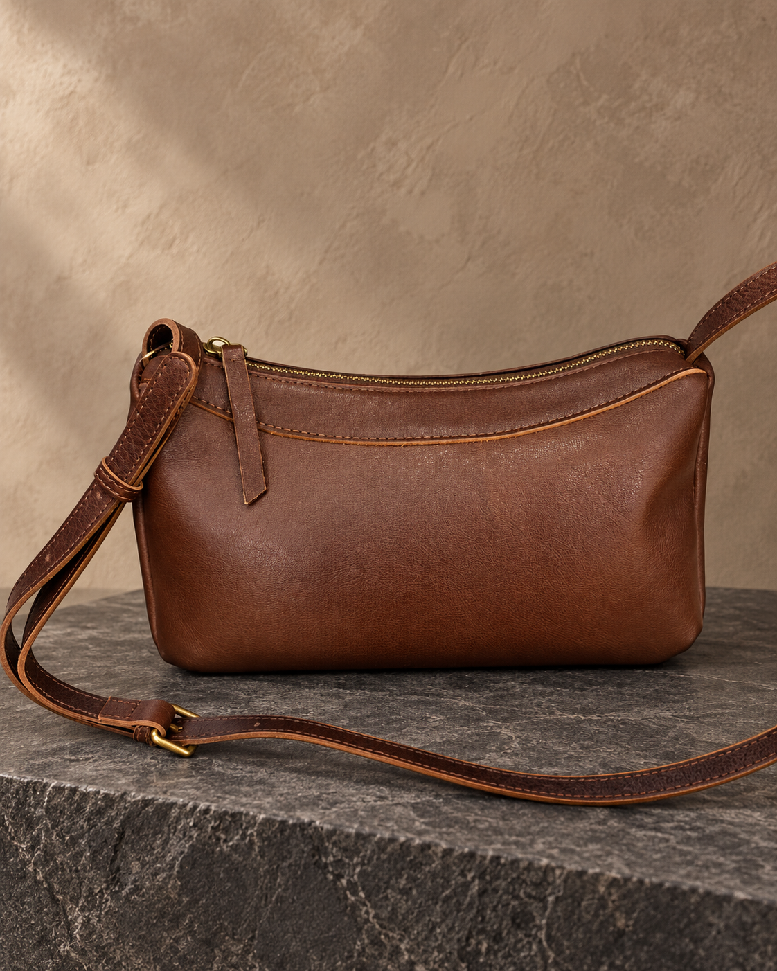Veroak 9038 Brown top-grain cowhide leather bag — AI studio presentation