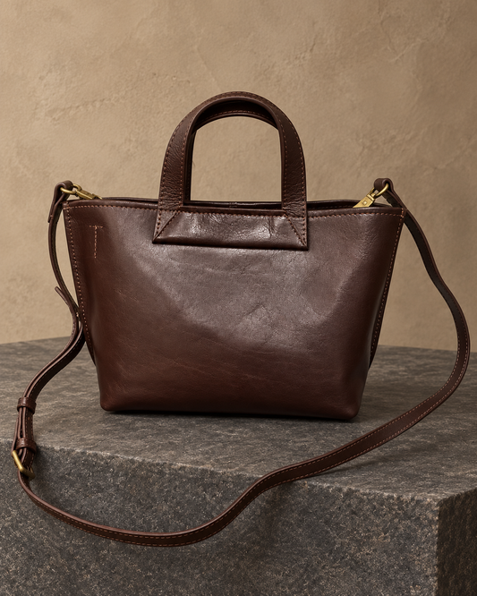 Veroak 9047 Brown top-grain cowhide leather bag — AI studio presentation